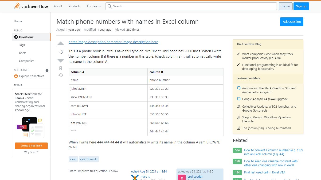 Match phone numbers with names in Excel column - Stack Overflow